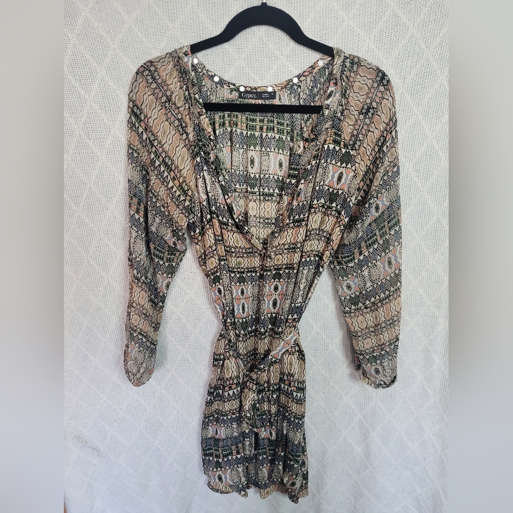Boho Wrap Dress Mini – Green Beige Festival Summer Dress